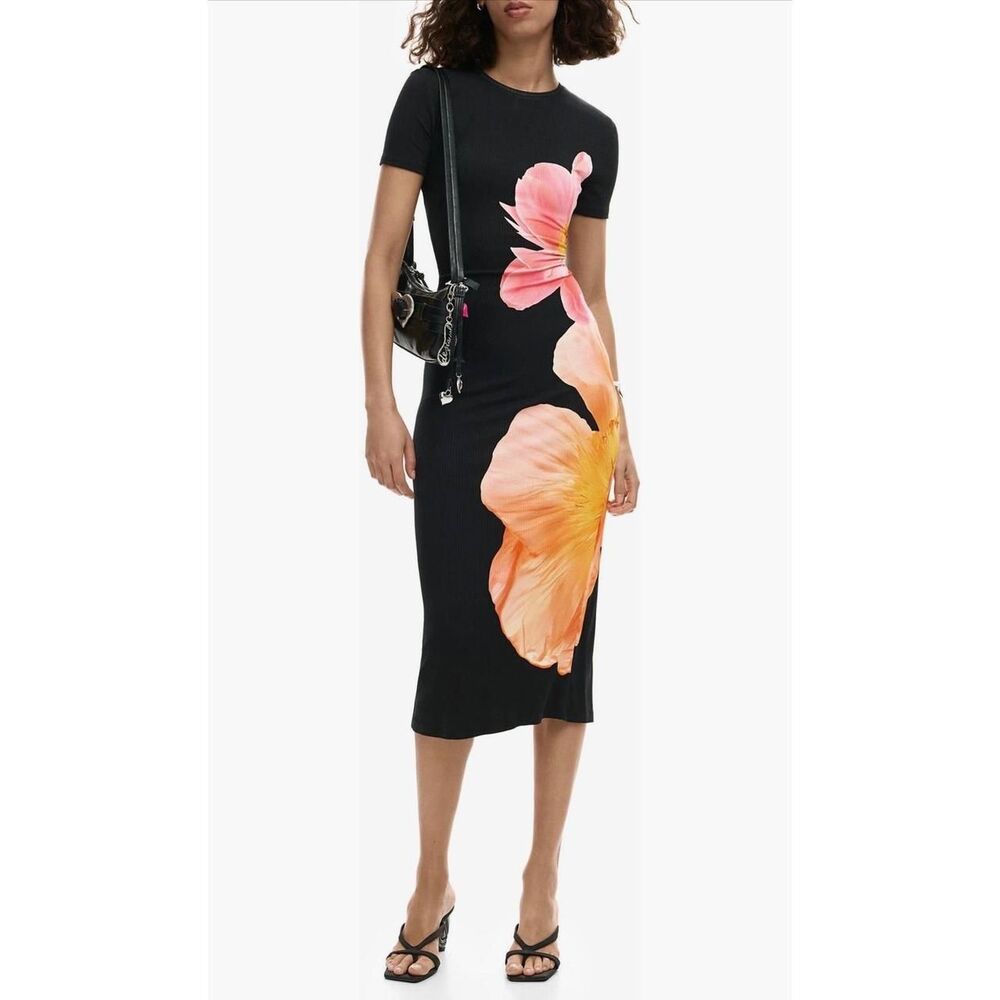 Desigual Womens Black Ribbed Floral Midi Dress Short Sleeve Size L